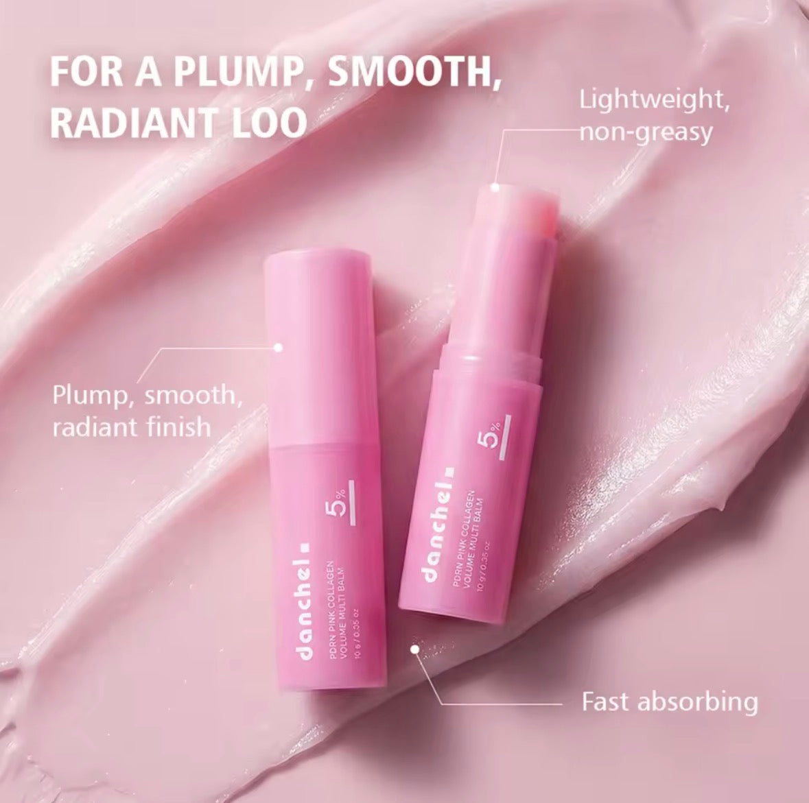 Two Danchel PDRN Pink Collagen Balm Sticks resting on a pink cream swatch, highlighting the lightweight non-greasy texture and fast-absorbing formula