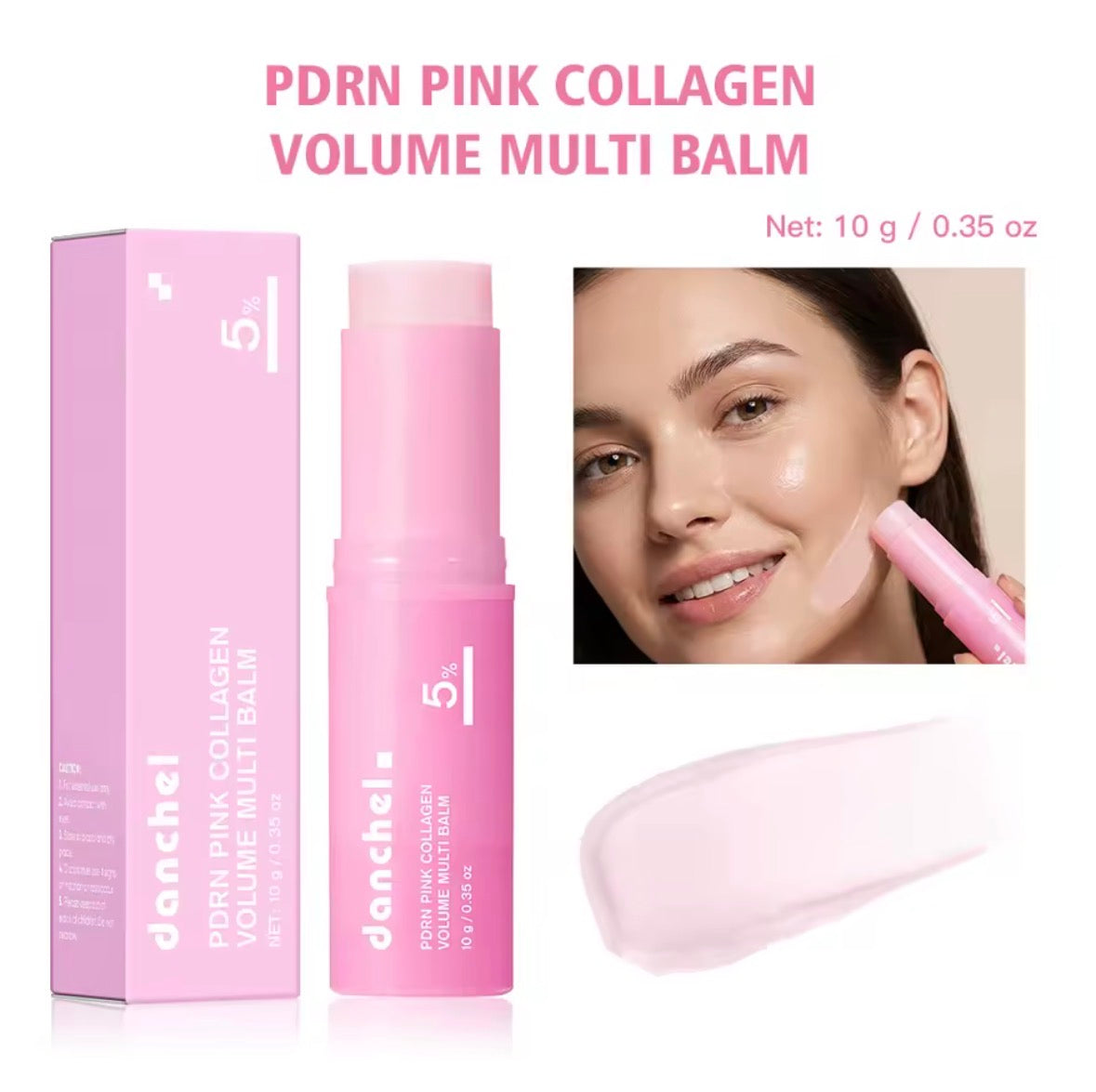 Danchel PDRN Pink Collagen Volume Multi Balm Stick 10g with pink box packaging and cream texture swatch on white background