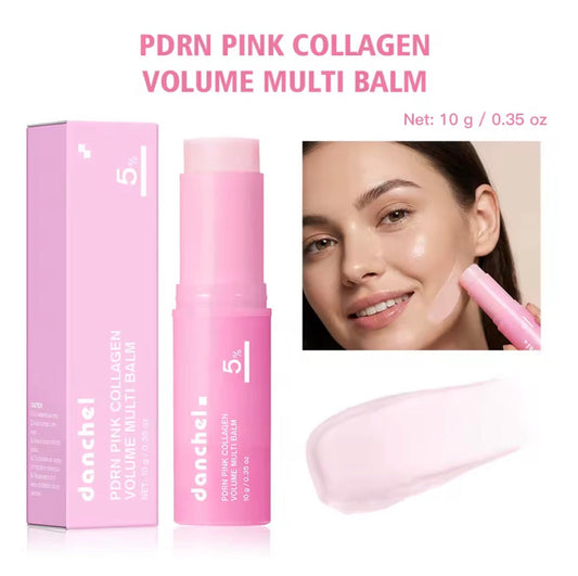 Danchel PDRN Pink Collagen Volume Multi Balm Stick 10g with pink box packaging and cream texture swatch on white background